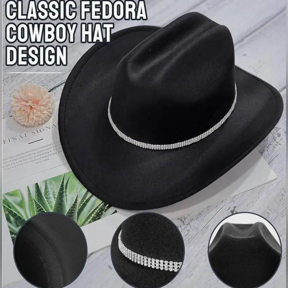 ☔️🩵Black & Rhinestone Band Wide Brim Cowgirl Hat Medium - Picture 3 of 15